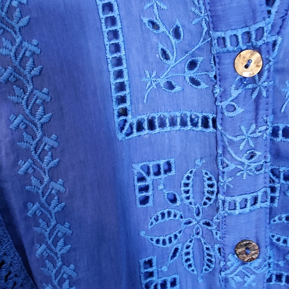 Johnny Was Blue Midi Sundress with Tiered Skirt and 3/4 Bishop Sleeves - Picture 8 of 12